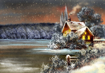 Digital oil painting, classic style. fine art, artwork. Winter paintings landscape, house in the forest,  house on the river