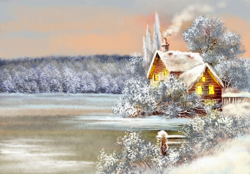 Digital oil painting, classic style. fine art, artwork. Winter paintings landscape, house in the forest,  house on the river