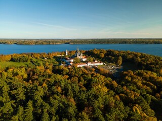 Aerial view of the Pazaislis monastery during fall in Kaunas, Lithuania