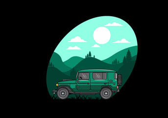 Off road car infront of mountain landscape illustration