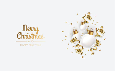 Happy New Year and Merry Christmas. Background with realistic holiday ball. White and gold christmas balls,shiny confetti and gold snowflake