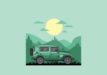Off road car infront of mountain landscape illustration