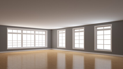 Fototapeta premium Beautiful Gray Room with Four Windows, Light Glossy Parquet Flooring and a White Plinth. Corner of the Room with Perspective View. 3D Render with a Work Path on the Windows. 8K Ultra HD, 7680x4320