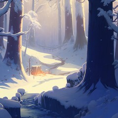 Frosty snowy fairytale forest. Magic Christmas background. Fairy magic scene. Beautiful natural landscape. Digital painting illustration.