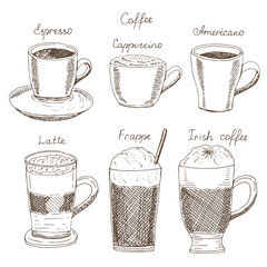 Coffee drinks set vector illustration, hand drawing sketch