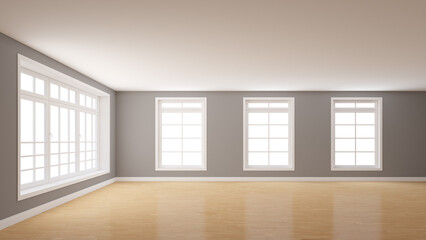 Empty Interior with Grey Plastered Walls, a Large Window on the Left and Three Windows on the Center. White Plinth and a Light Parquet Floor. Mockup Interior. 3D illustration, 8K Ultra HD, 7680x4320