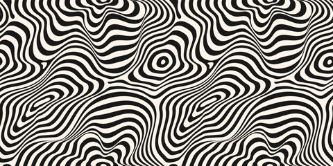Abstract vector seamless pattern. Trendy abstract background with curved lines, stripes, organic shapes, ripply dynamic surface. Black and white background. Texture with 3D visual effect, optical art
