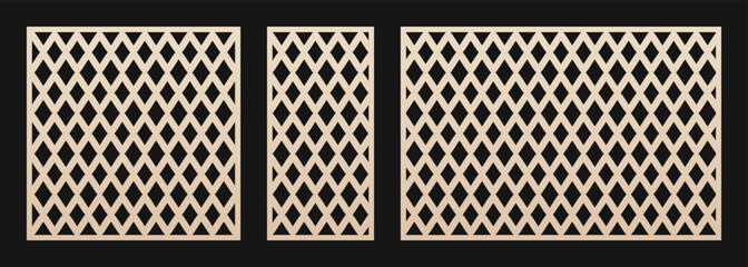 Laser cut panel. Vector template with abstract geometric pattern, grid, mesh, net, lattice ornament. Decorative stencil for laser cutting of wood, metal, plastic, engraving. Aspect ratio 1:1, 1:2, 3:2