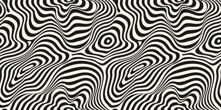 Abstract vector seamless pattern. Trendy abstract background with curved lines, stripes, organic shapes, ripply dynamic surface. Black and white background. Texture with 3D visual effect, optical art