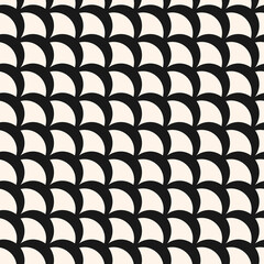 Vector geometric seamless pattern. Simple abstract black and white background with curved shapes, fish scale, peacock ornament, diagonal mesh. Modern monochrome texture. Repeat design for decor, print