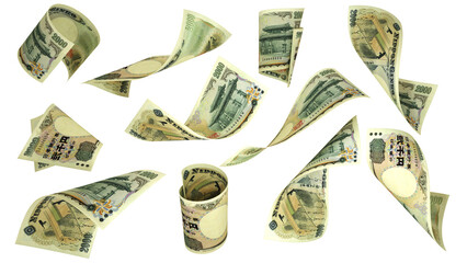 3D rendering of 10000 Japanese yen notes flying in different angles and orientations isolated on white background