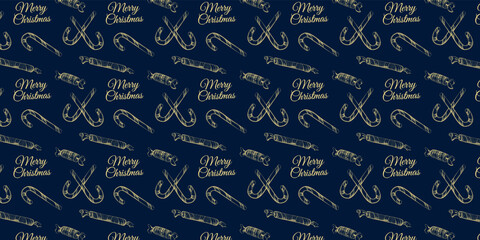 Christmas seamless pattern on a blue background with sweets and Merry Christmas lettering