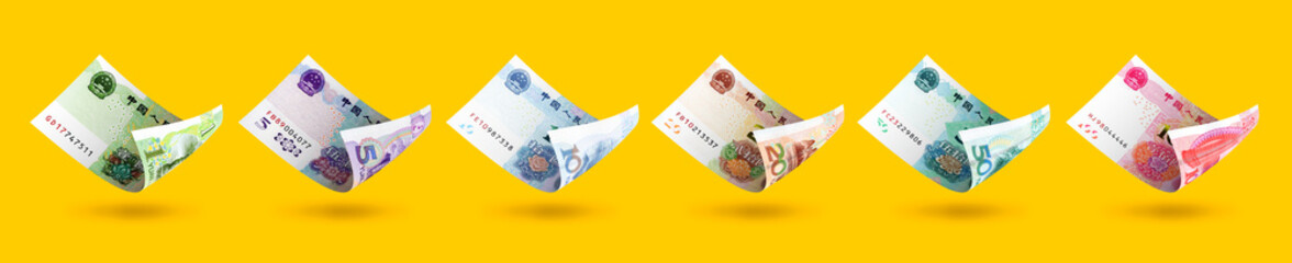 Set of Chinese yuan notes denominations. 3d illustration - obrazy, fototapety, plakaty