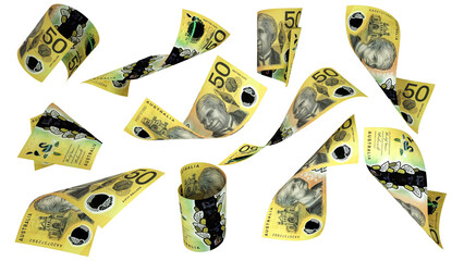 3D rendering of 50 Australian dollar notes flying in different angles and orientations isolated on white background © RODWORKS