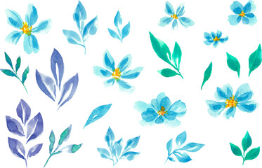 Set of painted blue watercolor flowers. Clip art. Elements for decor. Monochrome floral set. Spring. Blue flowers. Isolated on a white background.