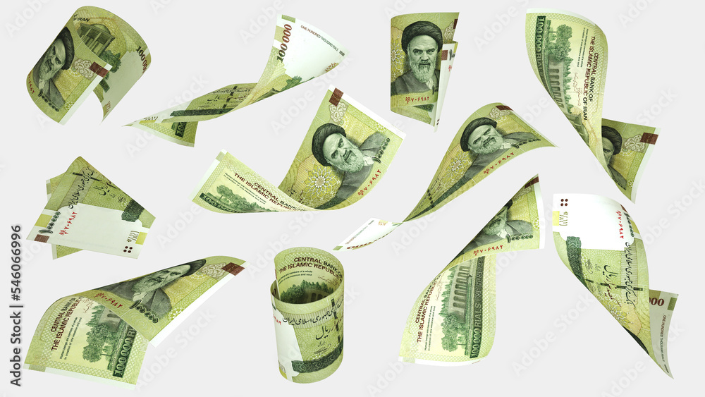Aufkleber 3D rendering of 100000 Iranian rial notes flying in different angles and orientations isolated on white background
