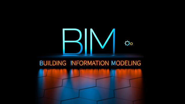 BIM.Building Information Modeling. The neon abbreviation concept. BIM banner. 3D render.