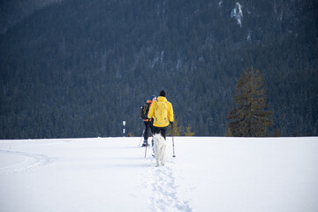 man and dog trekking in big snow in mountains in winter