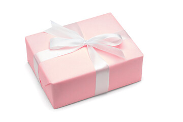 Close up shot of gift box wrapped in pastel pink paper and decorated with white satin ribbon bow, isolated on white background