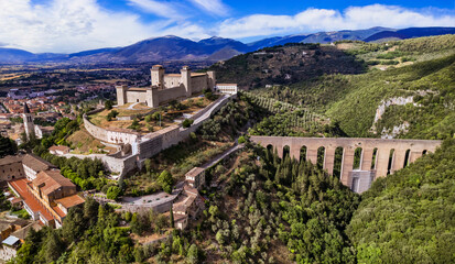 landmarks of Umbria . impressive Spoleto town aerial view of castle Rocca Albornoz and splendid...