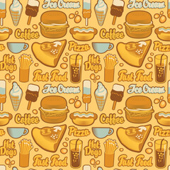 Seamless pattern with drawings and inscriptions in retro style. Vector cartoon background on the theme of fast food with pizza, burger, ice cream, coffee, cola, hot dog.