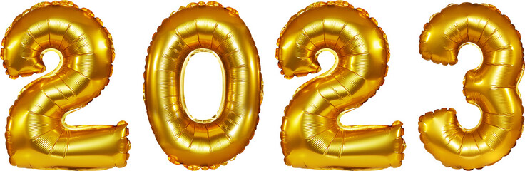 Fototapeta isolated golden letter foil balloons writing 2023 with composit shot. obraz