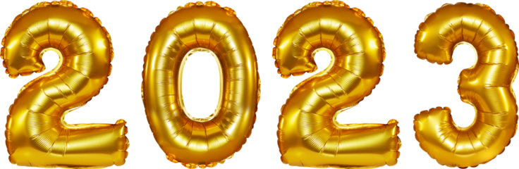 isolated golden letter foil balloons writing 2023 with composit shot.