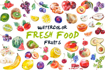 Watercolor painted collection of fruits. Hand drawn fresh food design elements isolated on white background.