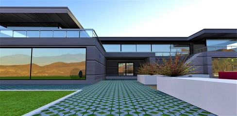 Picturesque sunrise behind a wonderful luxury estate. The illustration encourages a client to buy a house in Canada. 3d rendering.