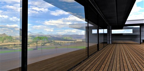 Reflection of the environment in large glass panoramic sliding doors on a stylish spacious terrace with wooden flooring. 3d rendering.