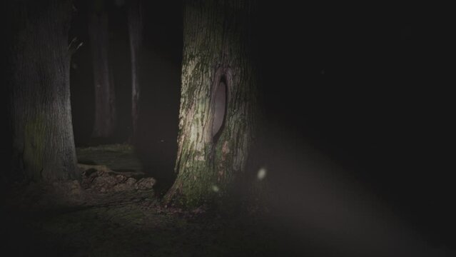 A giant monster eye staring from a tree hollow. Scary dark forest handheld POV camera footage. Cinematic Halloween 3D animation.
