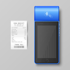 Vector 3d NFC Payment Machine with Approved Status, Paper Check, Receipt Isolated. Wi-fi, Wireless Payment. POS Terminal, Machine Design Template of Bank Payment Contactless Terminal, Mockup. Top VIew