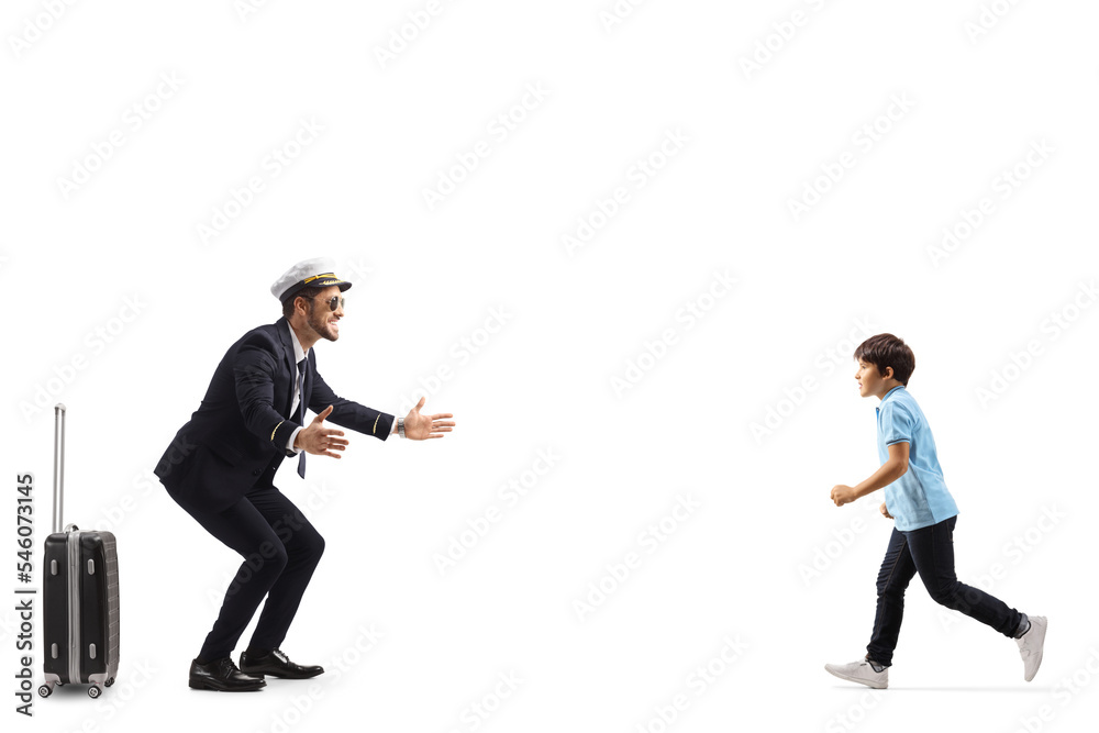 Canvas Prints full length profile shot of a little boy running to hug a pilot