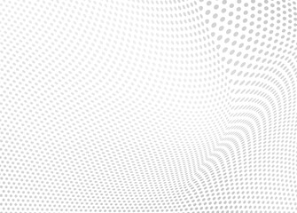 The halftone texture is chaotic monochrome. Abstract black and white waves background of dots. Backdrop for the design of websites, business cards, posters