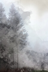 Fototapeta na wymiar Digital watercolor painting of Moody and dramatic foggy woodland Autumn Fall landscape scene