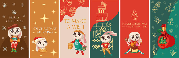 Christmas and Happy New Year Set of greeting cards, posters, holiday covers Christmas Design with bunnies in modern line art style on red,green,gold background. Christmas tree, border frame,decor.