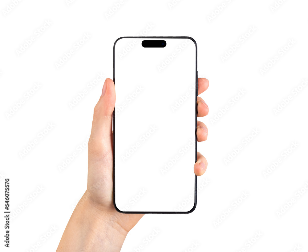Poster hand hold phone screen mockup of new iphone 14 pro isolated on white background. template with empty