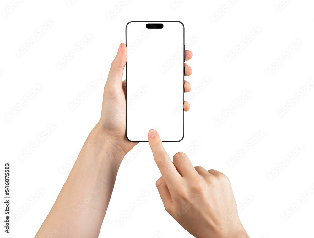 Poster i-phone screen mock up with finger pointing, clicking on smartphone display of new iphone 14 pro iso