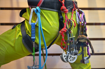 climbing gear and equipment on a rock