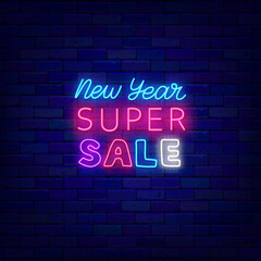 New Year super sale neon signboard. Glowing typography. Shiny lettering banner. Vector stock illustration