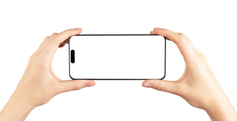 I-phone 14 pro screen mockup in horizontal orientation for video watch, smart phone display template for application ad, advertisement, promotion.