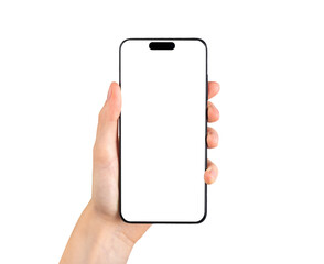 Hand hold phone screen mockup of new iphone 14 pro isolated on white background. Template with empty display. Smartphone mockup.  - obrazy, fototapety, plakaty