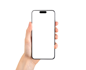 Hand hold phone screen mockup of new iphone 14 pro isolated on white background. Template with empty display. Smartphone mockup. 