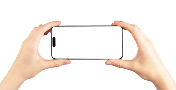 I-phone 14 pro screen mockup in horizontal orientation for video watch, smart phone display template for application ad, advertisement, promotion.