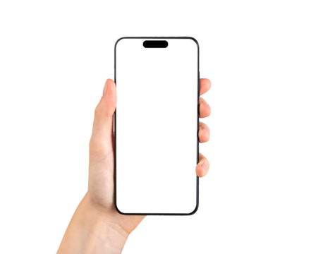 Hand hold phone screen mockup of new iphone 14 pro isolated on white background. Template with empty display. Smartphone mockup. 
