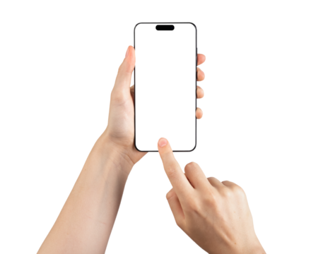 I-phone screen mock up with finger pointing, clicking on smartphone display of new iphone 14 pro isolated on white background. Template for app. Smartphone mockup.