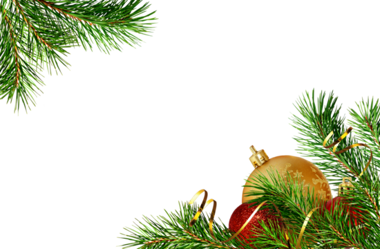 Pine twigs and Christmas decorations in corners isolated on white or transparent background