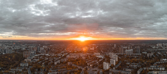 Aerial city view at sunset, Kharkiv center streets