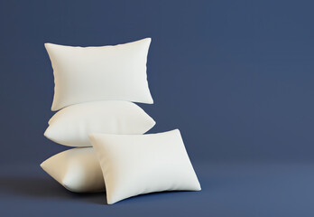 White fluffy pillows on a blue background. Cozy 3D design with copy space