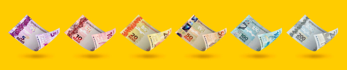 Set of Brazilian real notes denominations. 3d illustration